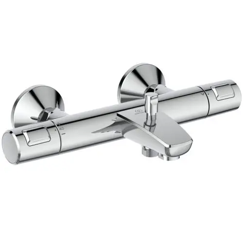 Badethermostat in Chrom-Optik von Ideal Standard mit zwei drehbaren Reglern zur Temperatur- und Wassermengenregulierung, montiert an einem Wandpaneel.